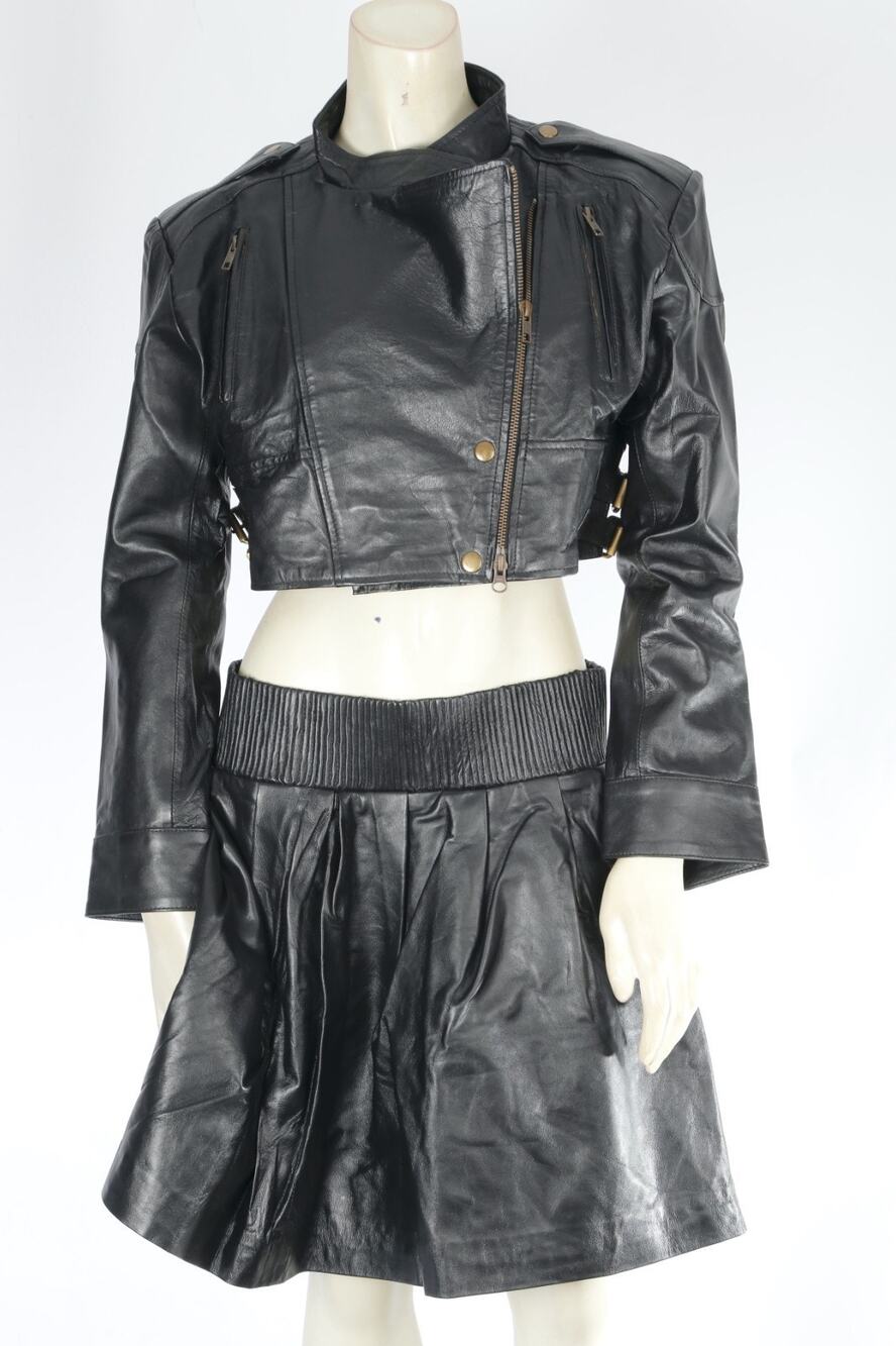 Vintage Black Leather 2 Pc Set Cropped Moto Jacket Pleated Mini Skirt Size M